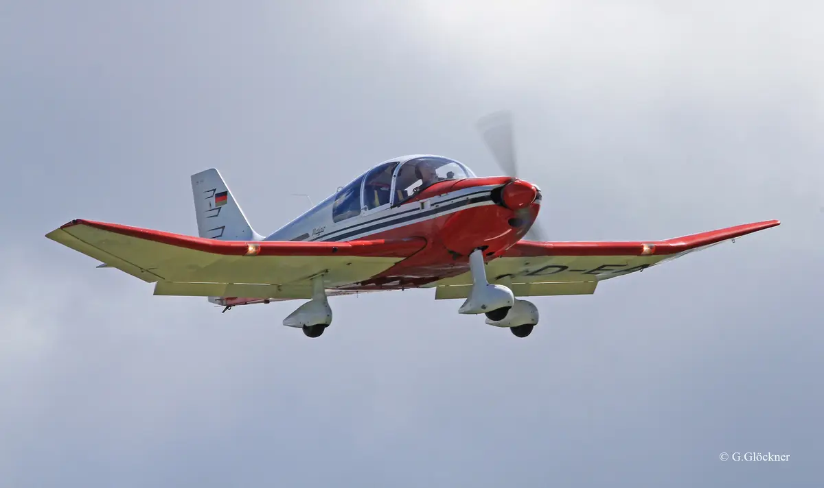Rote Robin im Flug vor grauem Himmel