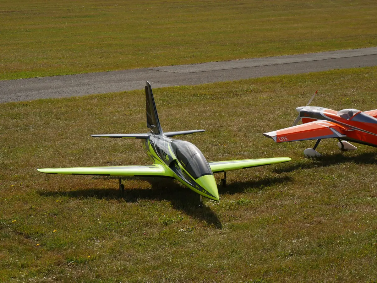 Großes Jet-Flugmodell auf der Wiese bei der Modellflug-Vorführung